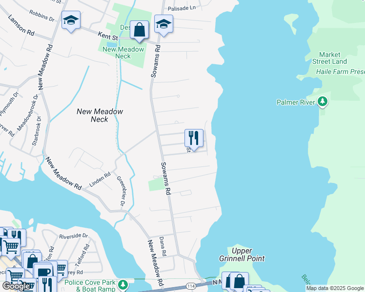 map of restaurants, bars, coffee shops, grocery stores, and more near 25 Wallis Avenue in Barrington