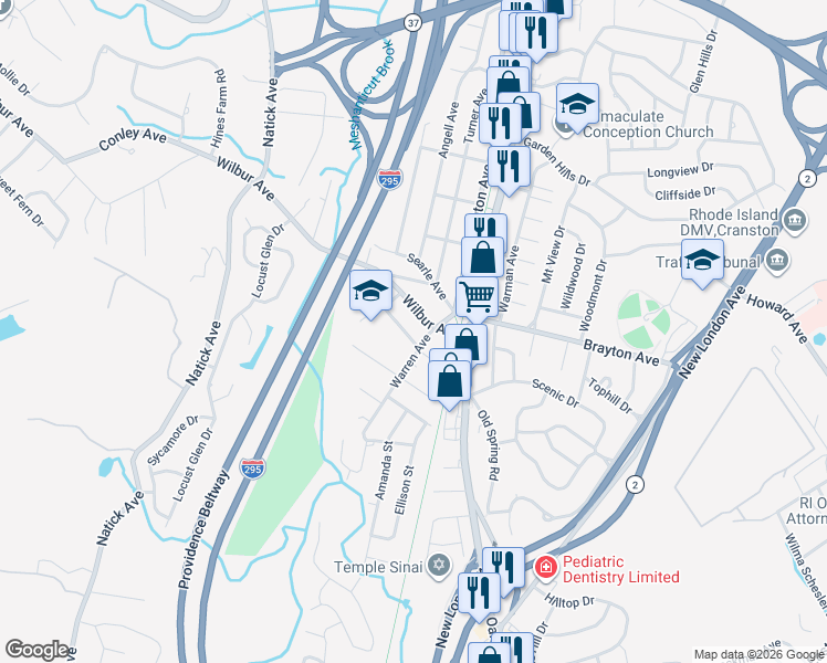 map of restaurants, bars, coffee shops, grocery stores, and more near 38 Wilbur Avenue in Cranston