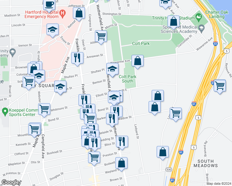 map of restaurants, bars, coffee shops, grocery stores, and more near 23 Elliott Street East in Hartford