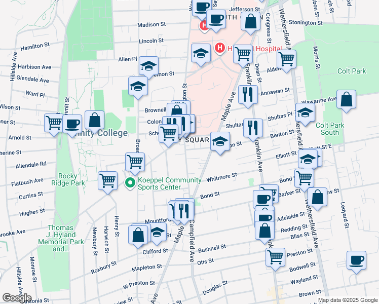 map of restaurants, bars, coffee shops, grocery stores, and more near in Hartford