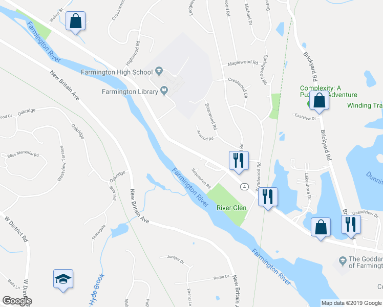 map of restaurants, bars, coffee shops, grocery stores, and more near 1487 Farmington Avenue in Farmington