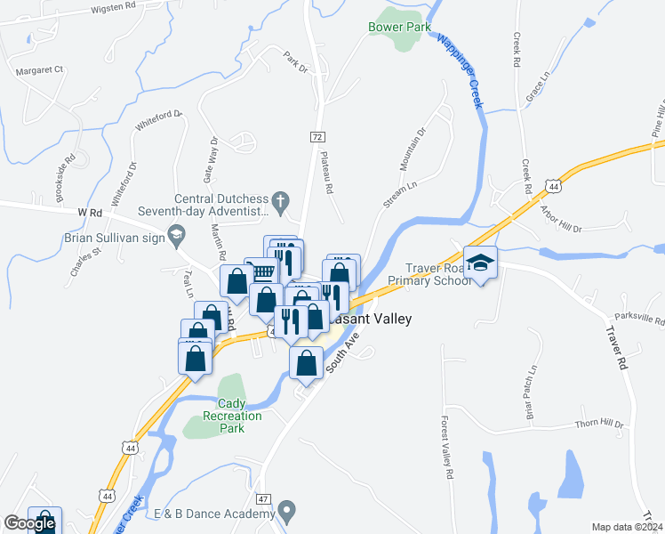 map of restaurants, bars, coffee shops, grocery stores, and more near 13 Quaker Hill Road in Pleasant Valley