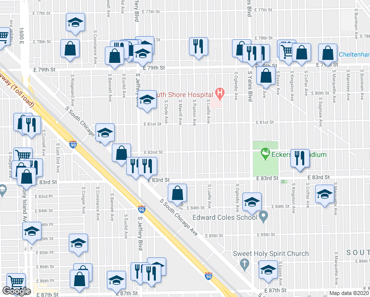 map of restaurants, bars, coffee shops, grocery stores, and more near 8154 South Paxton Avenue in Chicago