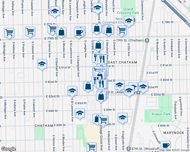 map of restaurants, bars, coffee shops, grocery stores, and more near 8137 South Evans Avenue in Chicago