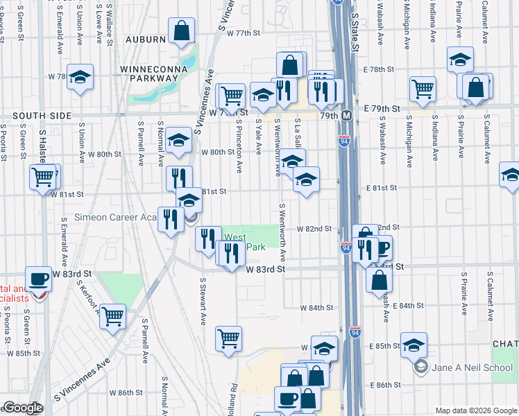 map of restaurants, bars, coffee shops, grocery stores, and more near 8123 South Yale Avenue in Chicago