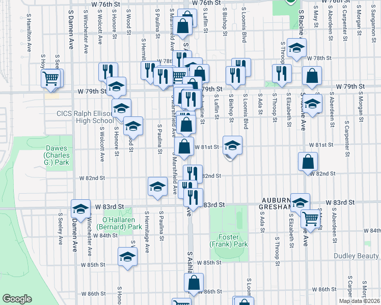 map of restaurants, bars, coffee shops, grocery stores, and more near 8101 South Ashland Avenue in Chicago
