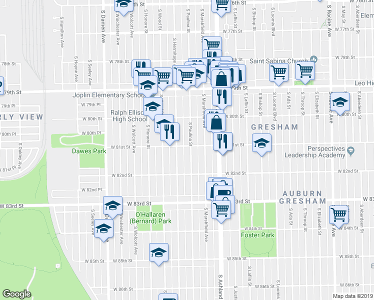 map of restaurants, bars, coffee shops, grocery stores, and more near 8102 South Paulina Street in Chicago