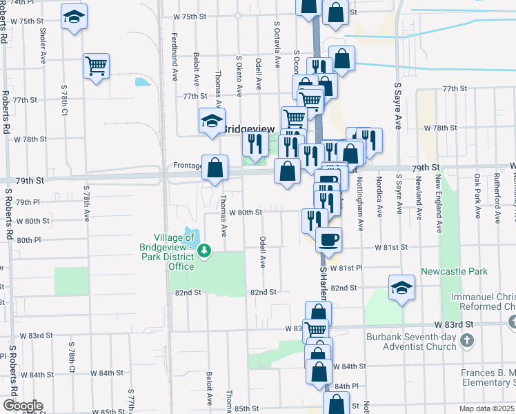 map of restaurants, bars, coffee shops, grocery stores, and more near 7951 South Oketo Avenue in Bridgeview