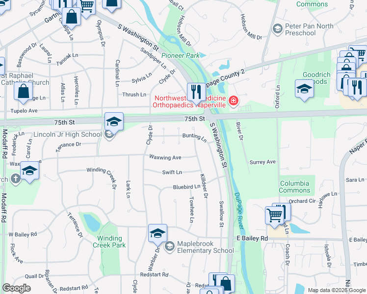map of restaurants, bars, coffee shops, grocery stores, and more near 54 Bunting Lane in Naperville