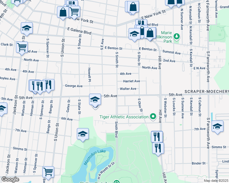 map of restaurants, bars, coffee shops, grocery stores, and more near 465 South Smith Street in Aurora