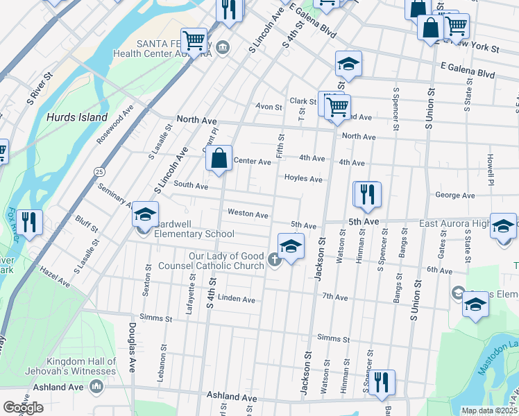map of restaurants, bars, coffee shops, grocery stores, and more near 448 Weston Avenue in Aurora