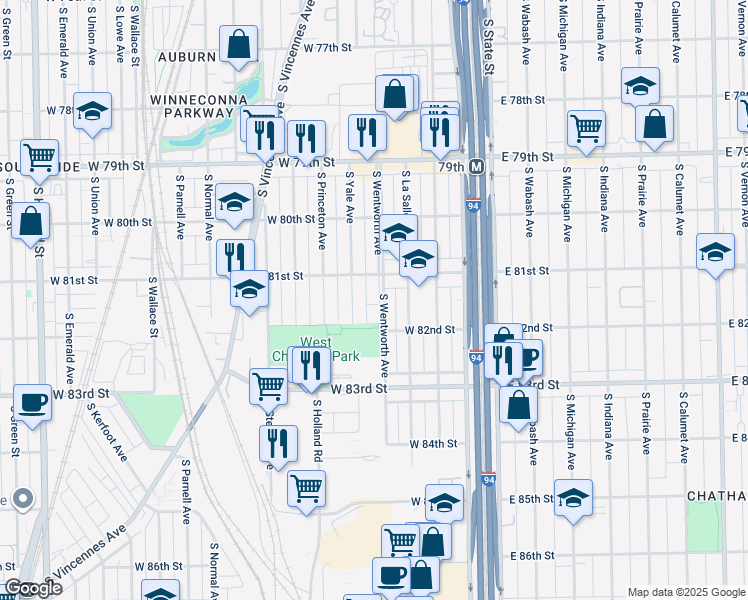 map of restaurants, bars, coffee shops, grocery stores, and more near 8126 South Wentworth Avenue in Chicago