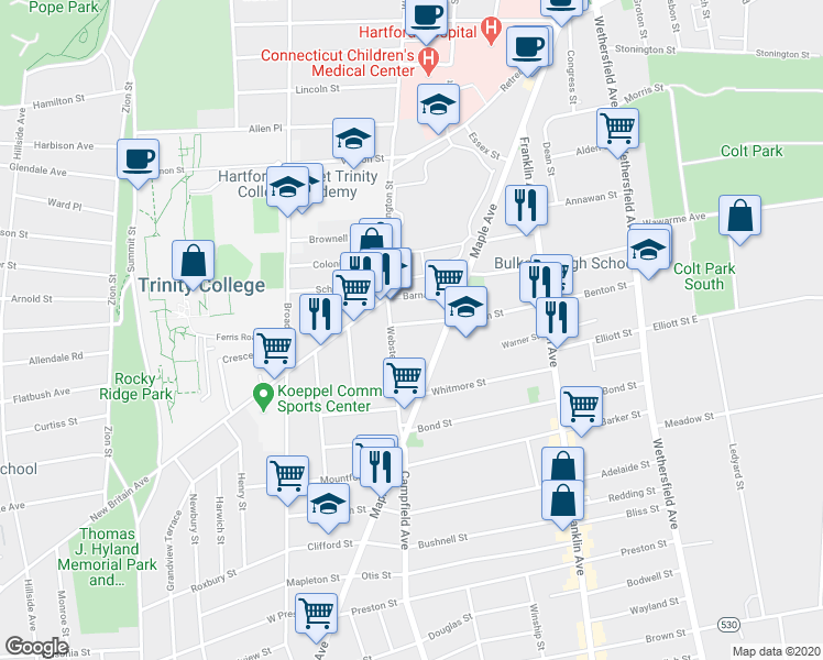 map of restaurants, bars, coffee shops, grocery stores, and more near 185 Benton Street in Hartford