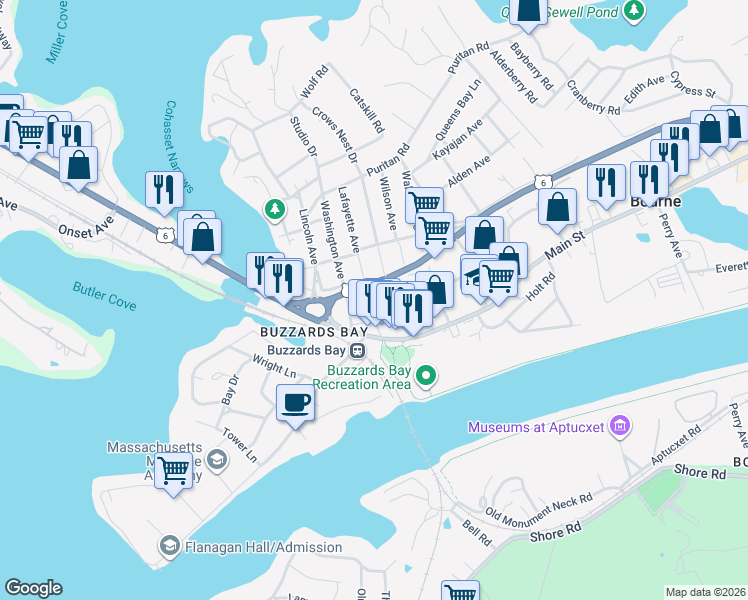 map of restaurants, bars, coffee shops, grocery stores, and more near 11 Cohasset Avenue in Bourne