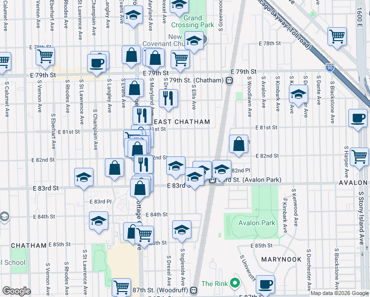 map of restaurants, bars, coffee shops, grocery stores, and more near 8138 South Ingleside Avenue in Chicago