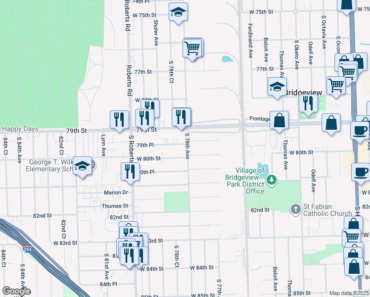 map of restaurants, bars, coffee shops, grocery stores, and more near 7801 79th Place in Bridgeview