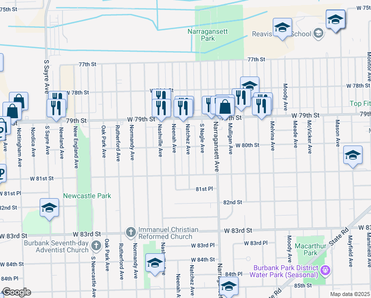 map of restaurants, bars, coffee shops, grocery stores, and more near 8000 Natchez Avenue in Burbank
