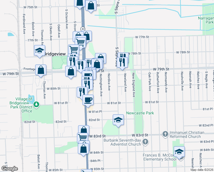 map of restaurants, bars, coffee shops, grocery stores, and more near 7948 Nordica Avenue in Burbank