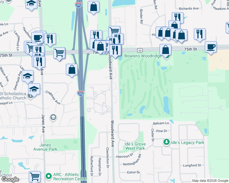 map of restaurants, bars, coffee shops, grocery stores, and more near 7715 Country Club Drive in Woodridge