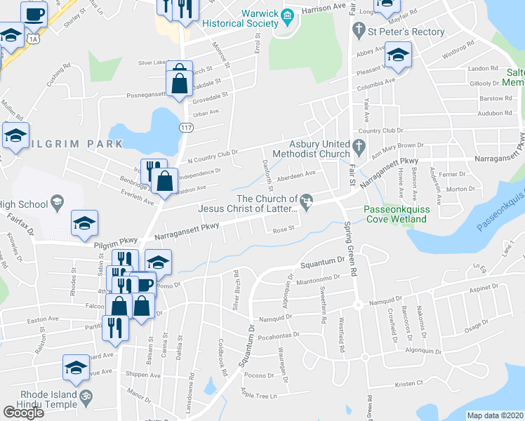 map of restaurants, bars, coffee shops, grocery stores, and more near 1073 Narragansett Parkway in Warwick