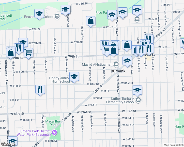 map of restaurants, bars, coffee shops, grocery stores, and more near 8007 Menard Avenue in Burbank