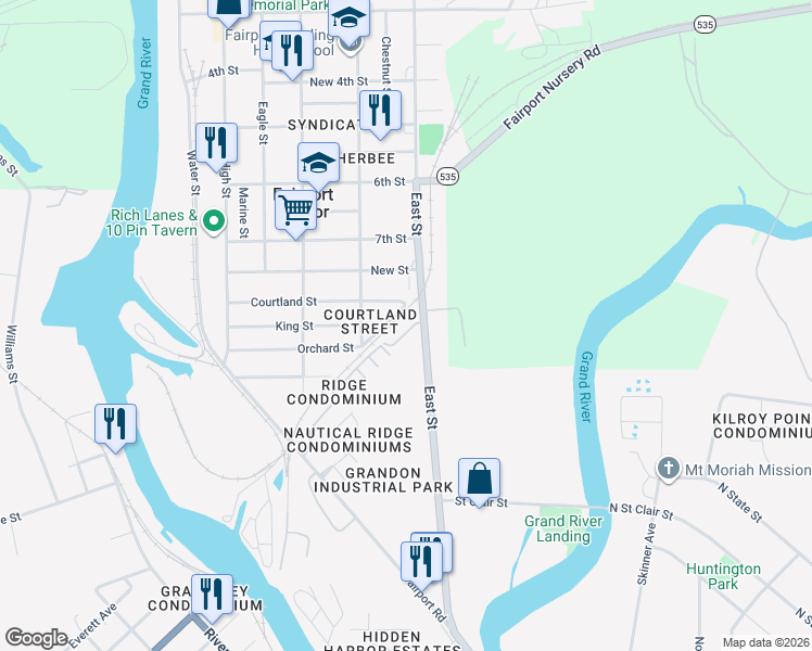 map of restaurants, bars, coffee shops, grocery stores, and more near 304 Villa East Drive in Fairport Harbor
