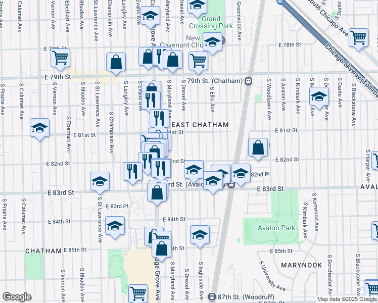 map of restaurants, bars, coffee shops, grocery stores, and more near 8142 South Drexel Avenue in Chicago