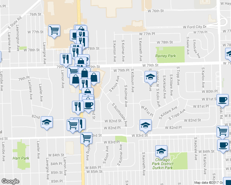 map of restaurants, bars, coffee shops, grocery stores, and more near 8042 South Kenton Avenue in Chicago