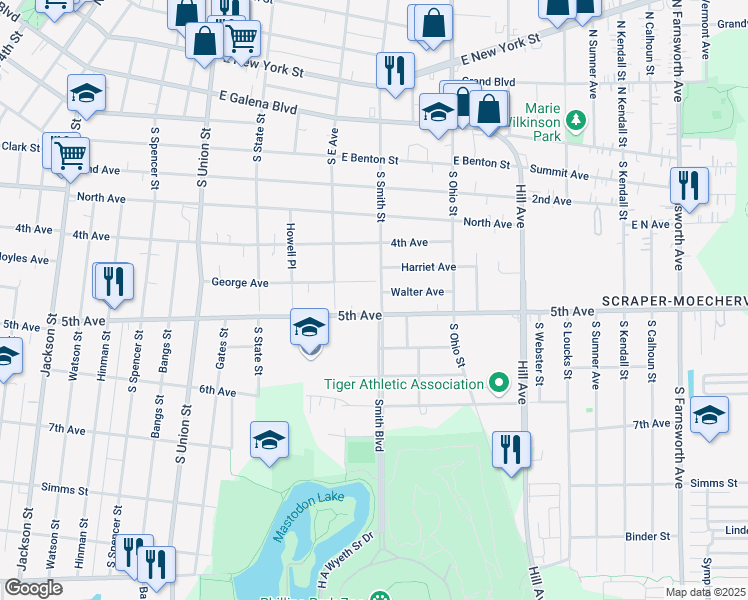 map of restaurants, bars, coffee shops, grocery stores, and more near 465 South Smith Street in Aurora
