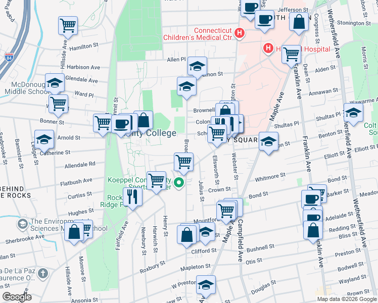 map of restaurants, bars, coffee shops, grocery stores, and more near 1680 Broad Street in Hartford