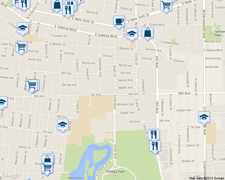 map of restaurants, bars, coffee shops, grocery stores, and more near 465 South Smith Street in Aurora