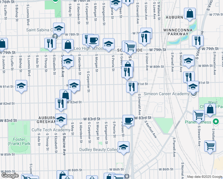 map of restaurants, bars, coffee shops, grocery stores, and more near 8114 South Peoria Street in Chicago