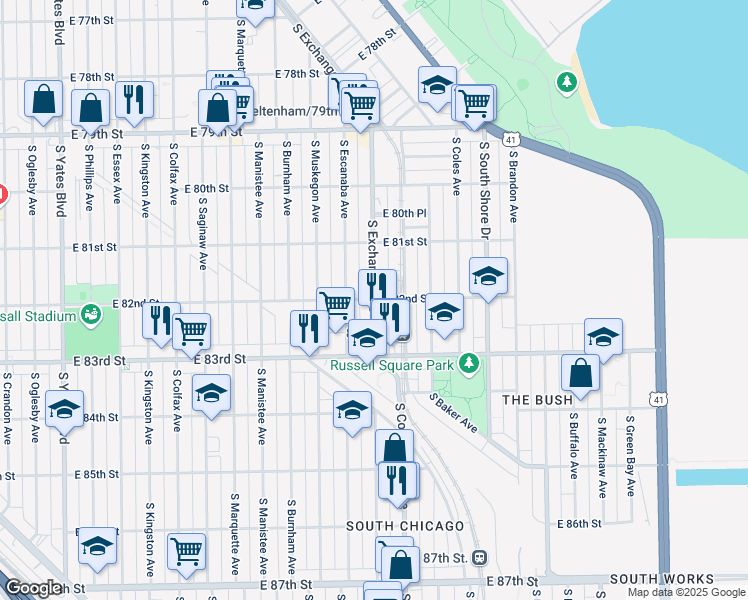 map of restaurants, bars, coffee shops, grocery stores, and more near S Exchange Ave & E 82nd St in Chicago