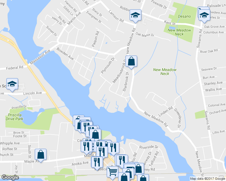 map of restaurants, bars, coffee shops, grocery stores, and more near 30 Meadowbrook Drive in Barrington