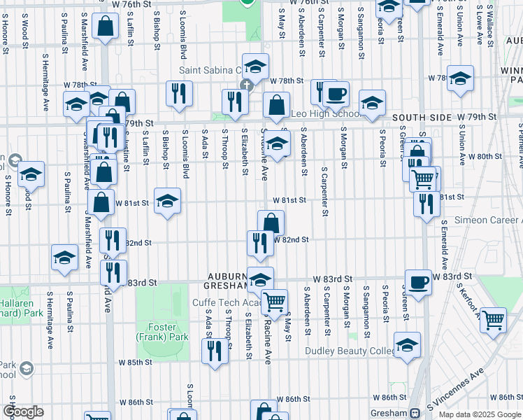 map of restaurants, bars, coffee shops, grocery stores, and more near 8110 South Racine Avenue in Chicago