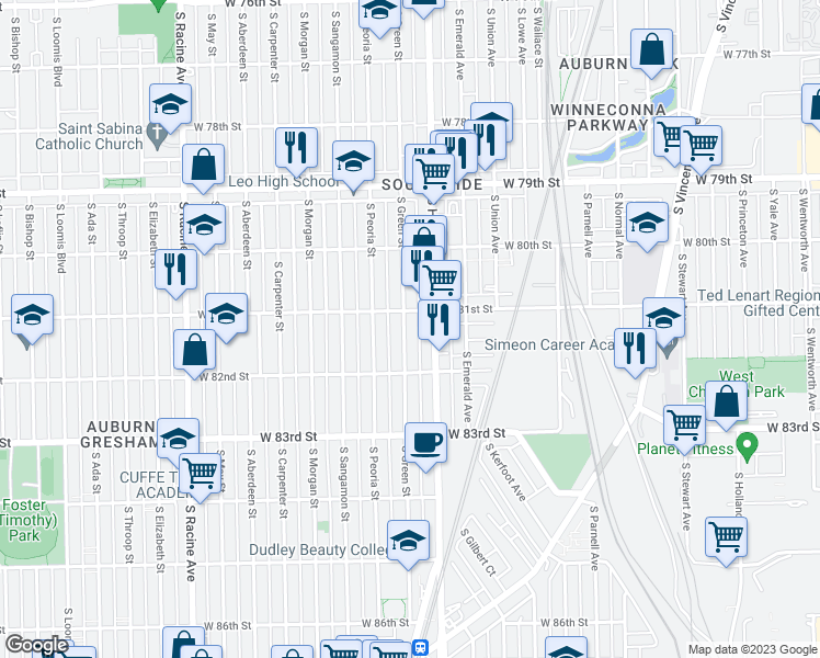 map of restaurants, bars, coffee shops, grocery stores, and more near 8115 South Green Street in Chicago
