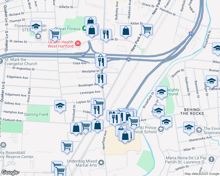 map of restaurants, bars, coffee shops, grocery stores, and more near 357 New Park Avenue in Hartford