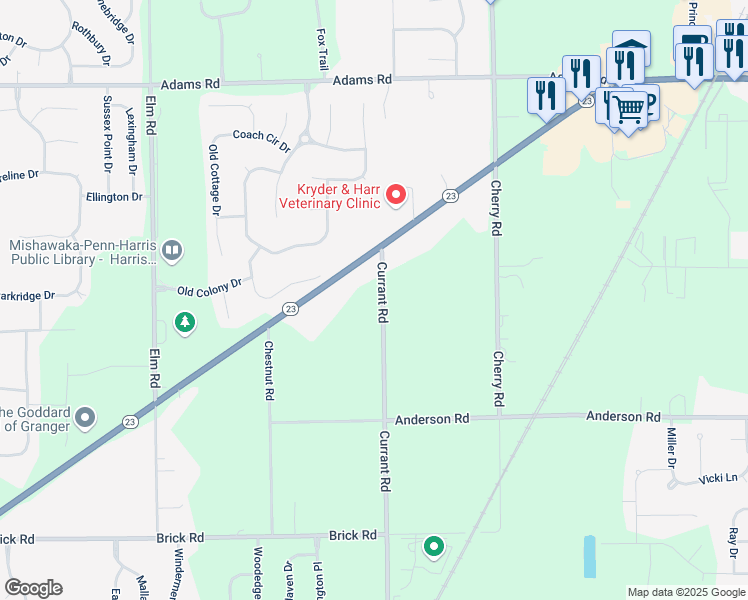 map of restaurants, bars, coffee shops, grocery stores, and more near 51401-51799 Currant Road in Granger