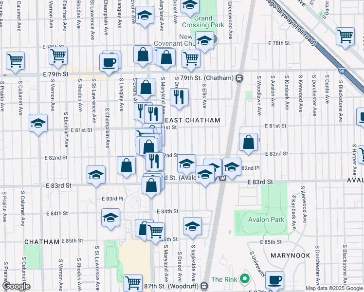 map of restaurants, bars, coffee shops, grocery stores, and more near 8142 South Drexel Avenue in Chicago