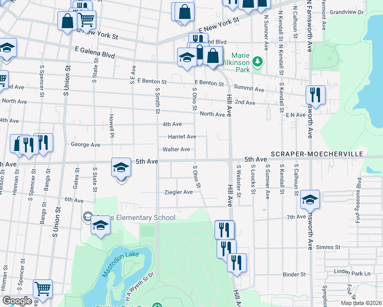 map of restaurants, bars, coffee shops, grocery stores, and more near 453 South Ohio Street in Aurora
