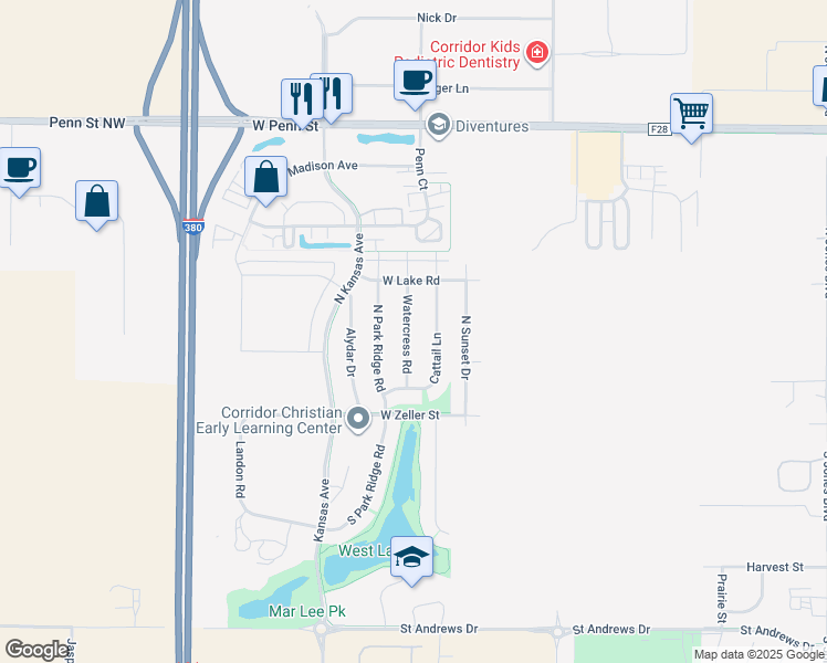 map of restaurants, bars, coffee shops, grocery stores, and more near 192 Watercress Road in North Liberty