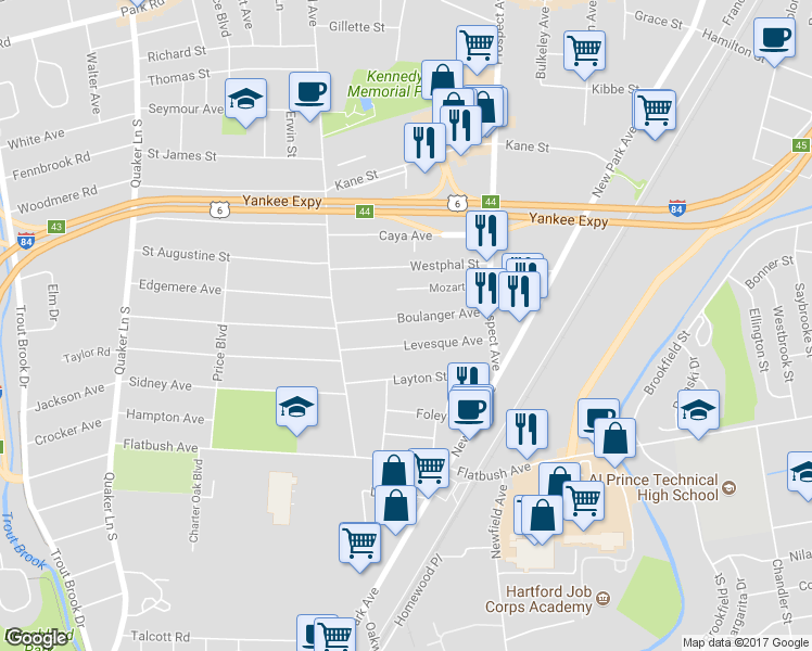 map of restaurants, bars, coffee shops, grocery stores, and more near 73 Boulanger Avenue in West Hartford
