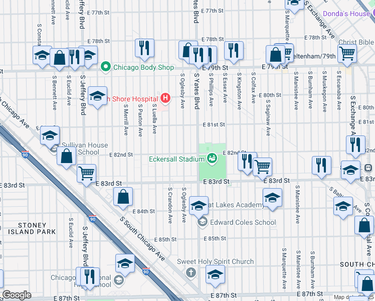 map of restaurants, bars, coffee shops, grocery stores, and more near 8157 South Oglesby Avenue in Chicago