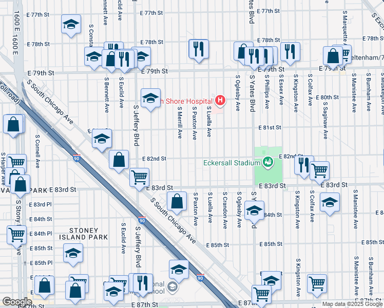 map of restaurants, bars, coffee shops, grocery stores, and more near 8154 South Paxton Avenue in Chicago