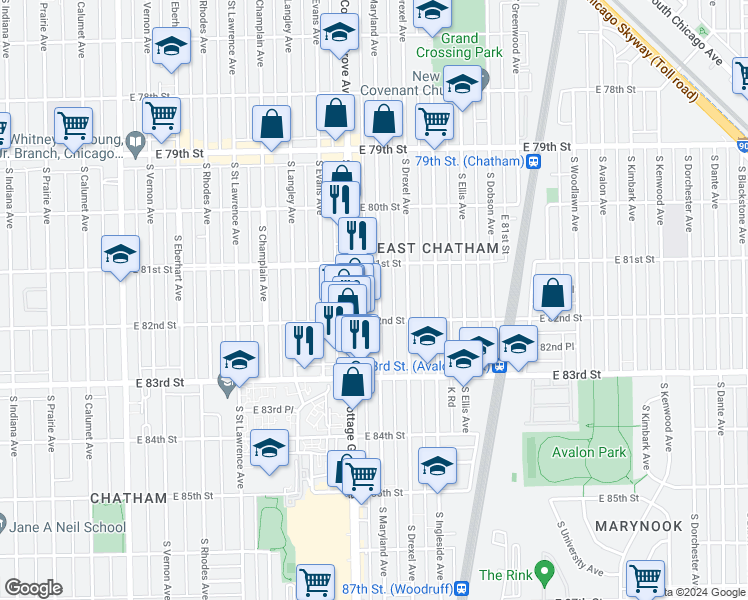 map of restaurants, bars, coffee shops, grocery stores, and more near 8138 South Maryland Avenue in Chicago
