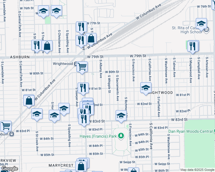 map of restaurants, bars, coffee shops, grocery stores, and more near 8054 South Whipple Street in Chicago