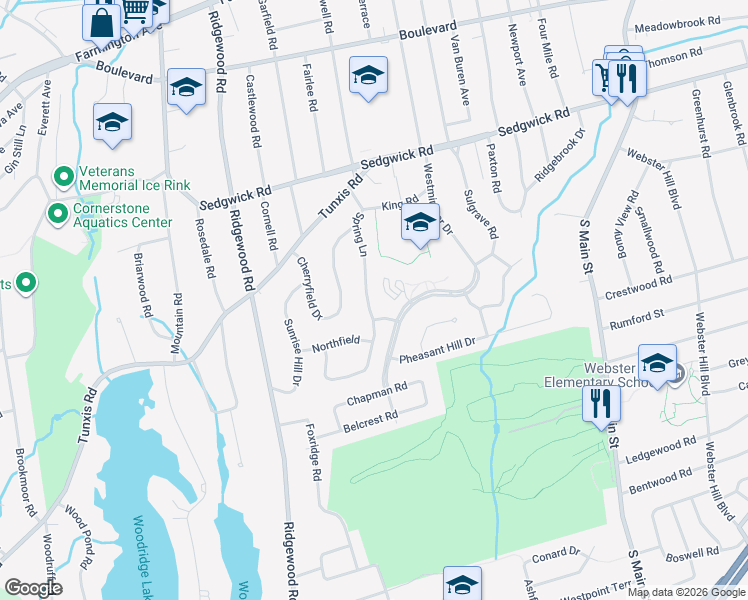 map of restaurants, bars, coffee shops, grocery stores, and more near 54 Spring Lane in West Hartford