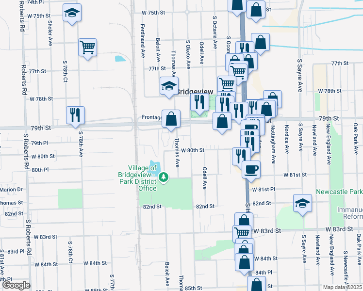 map of restaurants, bars, coffee shops, grocery stores, and more near 7643 West 79th Street in Bridgeview