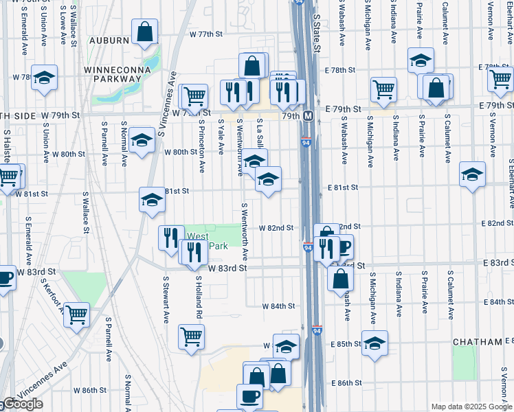 map of restaurants, bars, coffee shops, grocery stores, and more near 8124 South La Salle Street in Chicago