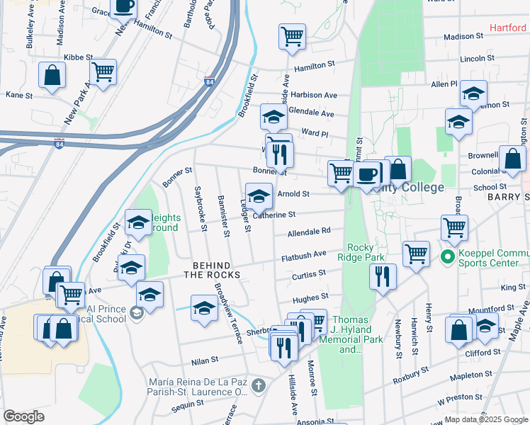map of restaurants, bars, coffee shops, grocery stores, and more near 110 Catherine Street in Hartford